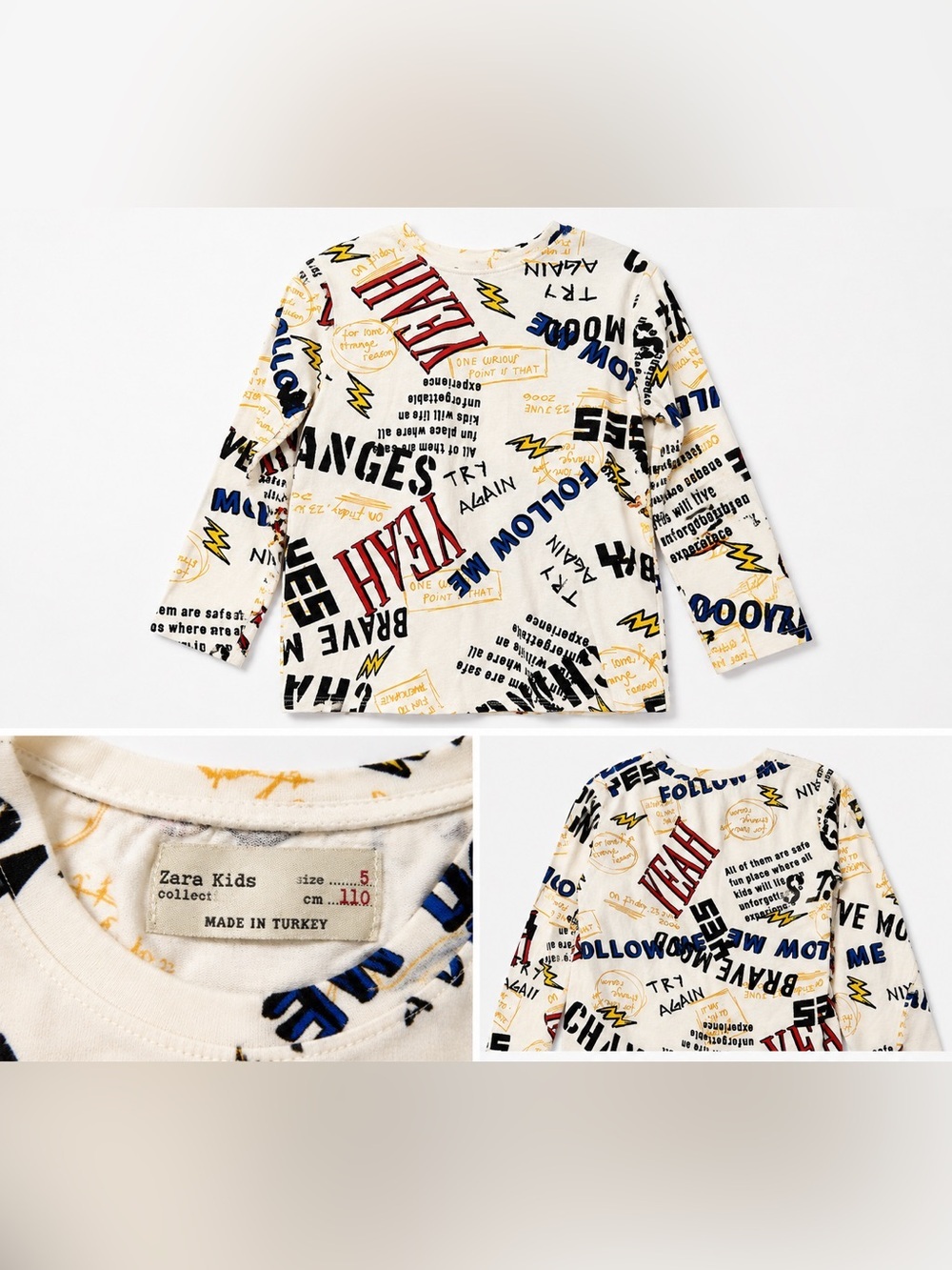Zara Kids Graphic Long Sleeve Shirt Size 5 White Graffiti Print Tee 110 cm